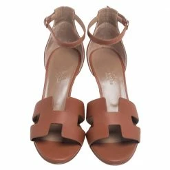 Hermes Brown Leather Legend Wedge Ankle Strap Sandals Size 36 For Women -Deals Hermes Store luxury women hermes used shoes p527585 006