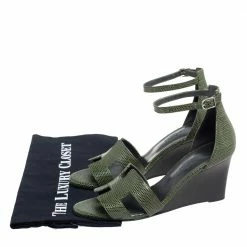 Hermes Green Lizard Leather Legend Wedge Ankle Strap Sandals Size 37 For Women -Deals Hermes Store luxury women hermes used shoes p531060 001