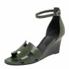 Hermes Green Lizard Leather Legend Wedge Ankle Strap Sandals Size 37 For Women