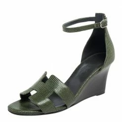 Hermes Green Lizard Leather Legend Wedge Ankle Strap Sandals Size 37 For Women