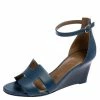 Hermes Hermès Teal Leather Legend Wedge Ankle Strap Sandals Size 37 For Women -Deals Hermes Store luxury women hermes used shoes p531237 004