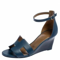 Hermes Hermès Teal Leather Legend Wedge Ankle Strap Sandals Size 37 For Women