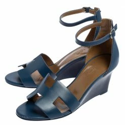 Hermes Hermès Teal Leather Legend Wedge Ankle Strap Sandals Size 37 For Women -Deals Hermes Store luxury women hermes used shoes p531237 007