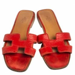 Hermes Red Leather Oran Sandals Size 39.5 For Women -Deals Hermes Store luxury women hermes used shoes p531507 007