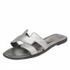 Hermes Sliver Leather Oran Flat Sandals Size 37 For Women