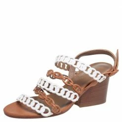 Hermes White/Brown Leather Romy Sandals Size 37 For Women