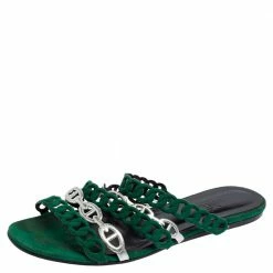 Hermes Green/Silver Leather And Suede Chaine D'ancre Flat Sandals Size 38 For Women