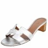 Hermes Silver Leather Oasis Slide Sandals Size 38 For Women