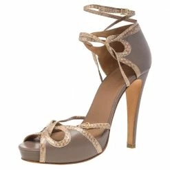 Hermes Hermés Brown-Beige Python Leather And Leather Ankle Strap Sandals Size 38 For Women