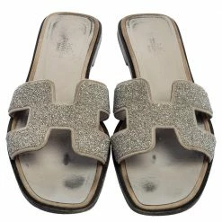 Hermes Grey/Silver Glitter Oran Slide Flats Size 38.5 For Women -Deals Hermes Store luxury women hermes used shoes p551327 001
