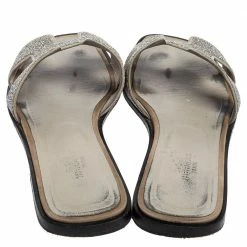 Hermes Grey/Silver Glitter Oran Slide Flats Size 38.5 For Women -Deals Hermes Store luxury women hermes used shoes p551327 003