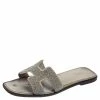 Hermes Grey/Silver Glitter Oran Slide Flats Size 38.5 For Women