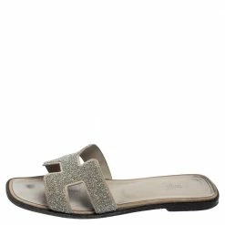 Hermes Grey/Silver Glitter Oran Slide Flats Size 38.5 For Women -Deals Hermes Store luxury women hermes used shoes p551327 005
