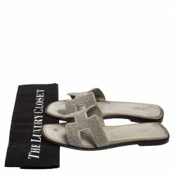 Hermes Grey/Silver Glitter Oran Slide Flats Size 38.5 For Women -Deals Hermes Store luxury women hermes used shoes p551327 009