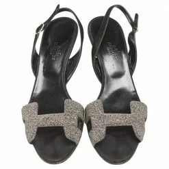 Hermes Black/Silver Glitter And Suede Night Slingback Sandals Size 38 For Women -Deals Hermes Store luxury women hermes used shoes p551974 001