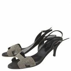 Hermes Black/Silver Glitter And Suede Night Slingback Sandals Size 38 For Women -Deals Hermes Store luxury women hermes used shoes p551974 008