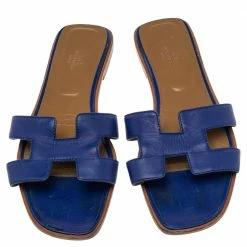 Hermes Blue Leather Oran Flat Sandals 41.5 For Women -Deals Hermes Store luxury women hermes used shoes p555869 002