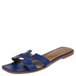 Hermes Blue Leather Oran Flat Sandals 41.5 For Women
