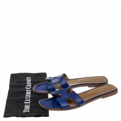 Hermes Blue Leather Oran Flat Sandals 41.5 For Women -Deals Hermes Store luxury women hermes used shoes p555869 009
