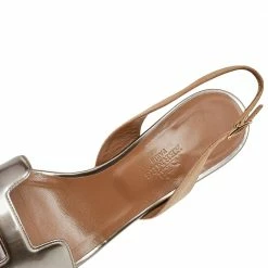 Hermes Metallic Beige Leather And Suede Night Slingback Sandals Size 36 For Women -Deals Hermes Store luxury women hermes used shoes p563213 006