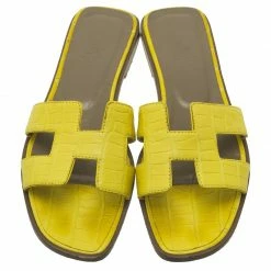 Hermes Yellow Croc Embossed Oran Box Sandals Size 37 For Women -Deals Hermes Store luxury women hermes used shoes p56782 006