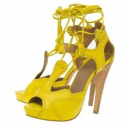 Hermes Yellow Brogue Leather Lace Up Sandals Size 37 For Women -Deals Hermes Store luxury women hermes used shoes p56799 004