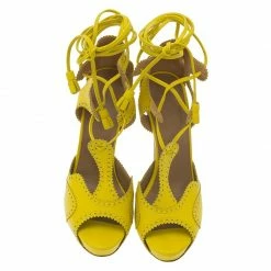 Hermes Yellow Brogue Leather Lace Up Sandals Size 37 For Women -Deals Hermes Store luxury women hermes used shoes p56799 006