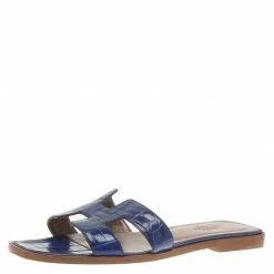 Hermes Blue Croc Embossed Oran Box Sandals Size 37.5 For Women
