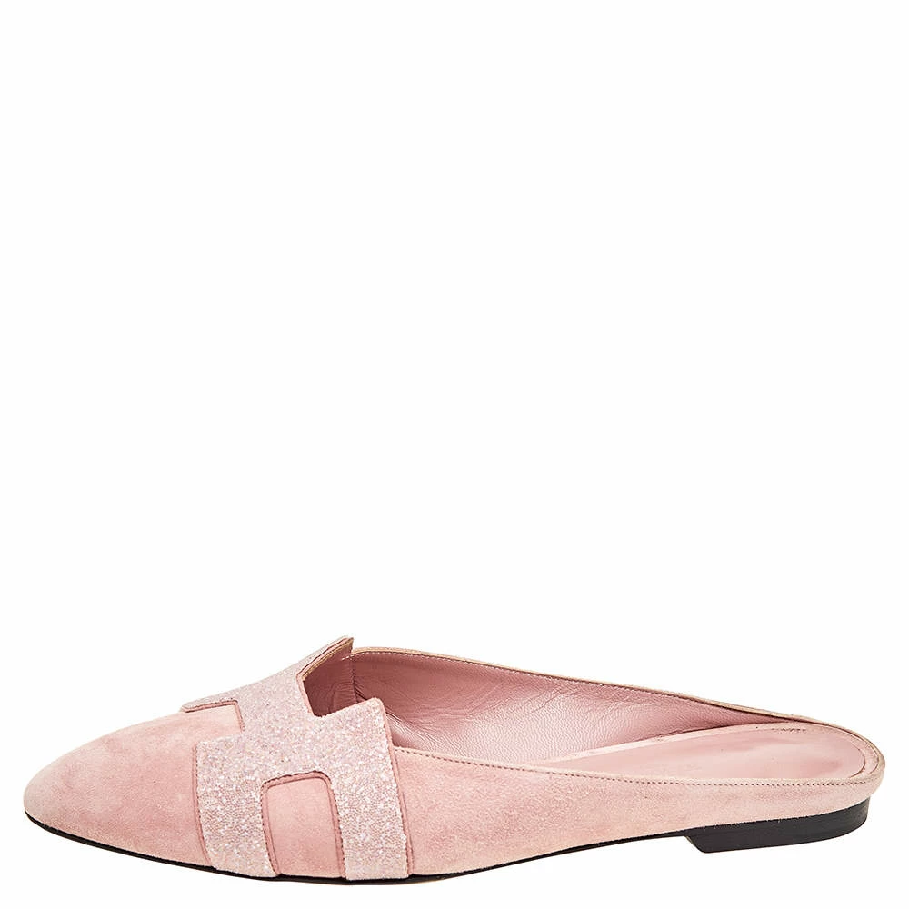 Hermes Hermés Pink Suede And Glitter Roxane Mule Flats Size 38.5 For Women 4 Hermes Hermés Pink Suede And Glitter Roxane Mule Flats Size 38.5 For Women - Image 2