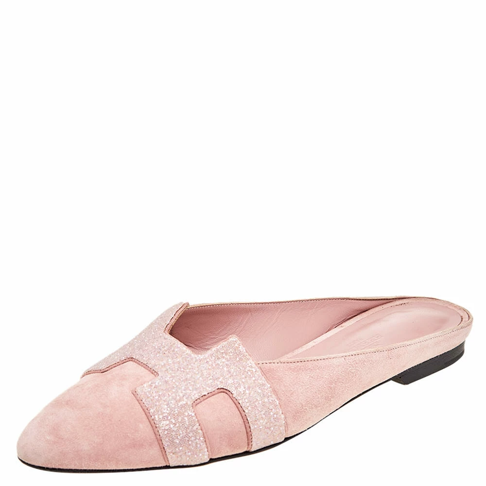 Hermes Hermés Pink Suede And Glitter Roxane Mule Flats Size 38.5 For Women 3 Hermes Hermés Pink Suede And Glitter Roxane Mule Flats Size 38.5 For Women