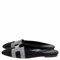 Hermes Black Suede And Glitter Roxane Mule Flats Size 39 For Women -Deals Hermes Store luxury women hermes used shoes p569978 001