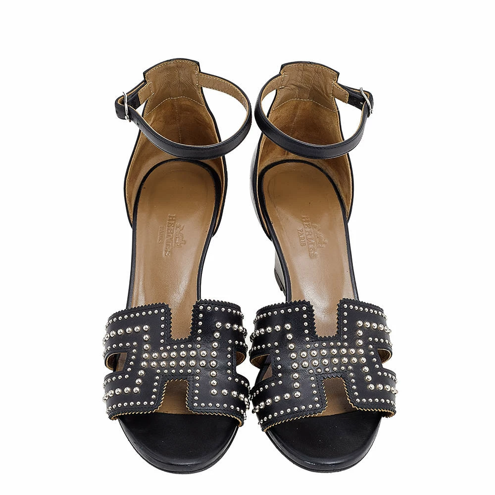 Hermes Black Leather Studded Legend Ankle Strap Wedge Sandals Size 36 For Women 5 Hermes Black Leather Studded Legend Ankle Strap Wedge Sandals Size 36 For Women - Image 3