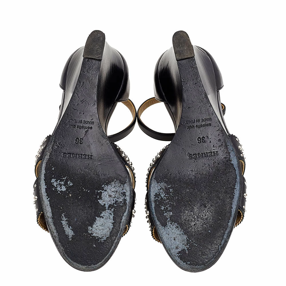 Hermes Black Leather Studded Legend Ankle Strap Wedge Sandals Size 36 For Women 8 Hermes Black Leather Studded Legend Ankle Strap Wedge Sandals Size 36 For Women - Image 6
