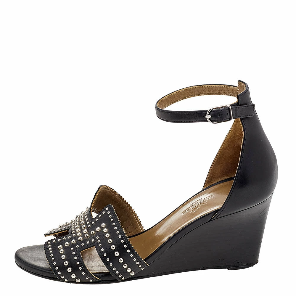 Hermes Black Leather Studded Legend Ankle Strap Wedge Sandals Size 36 For Women 4 Hermes Black Leather Studded Legend Ankle Strap Wedge Sandals Size 36 For Women - Image 2
