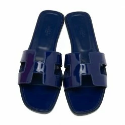 Hermes Hermés Blue Patent Leather Oran Slide Sandals Size 39.5 For Women -Deals Hermes Store luxury women hermes used shoes p573184 007