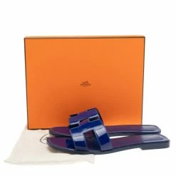 Hermes Hermés Blue Patent Leather Oran Slide Sandals Size 39.5 For Women -Deals Hermes Store luxury women hermes used shoes p573184 008