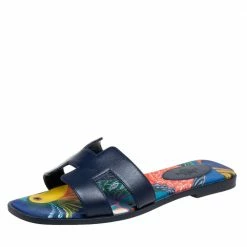 Hermes Navy Blue Leather Oran Flat Slide Sandals Size 37 For Women