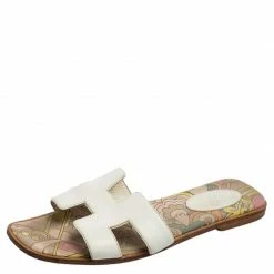 Hermes White Leather Oran Flat Slides Size 39 For Women