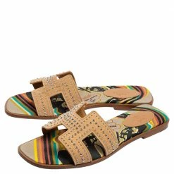 Hermes Beige Studded Suede Oran Flat Slides Size 39 For Women -Deals Hermes Store luxury women hermes used shoes p578267 002