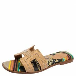 Hermes Beige Studded Suede Oran Flat Slides Size 39 For Women