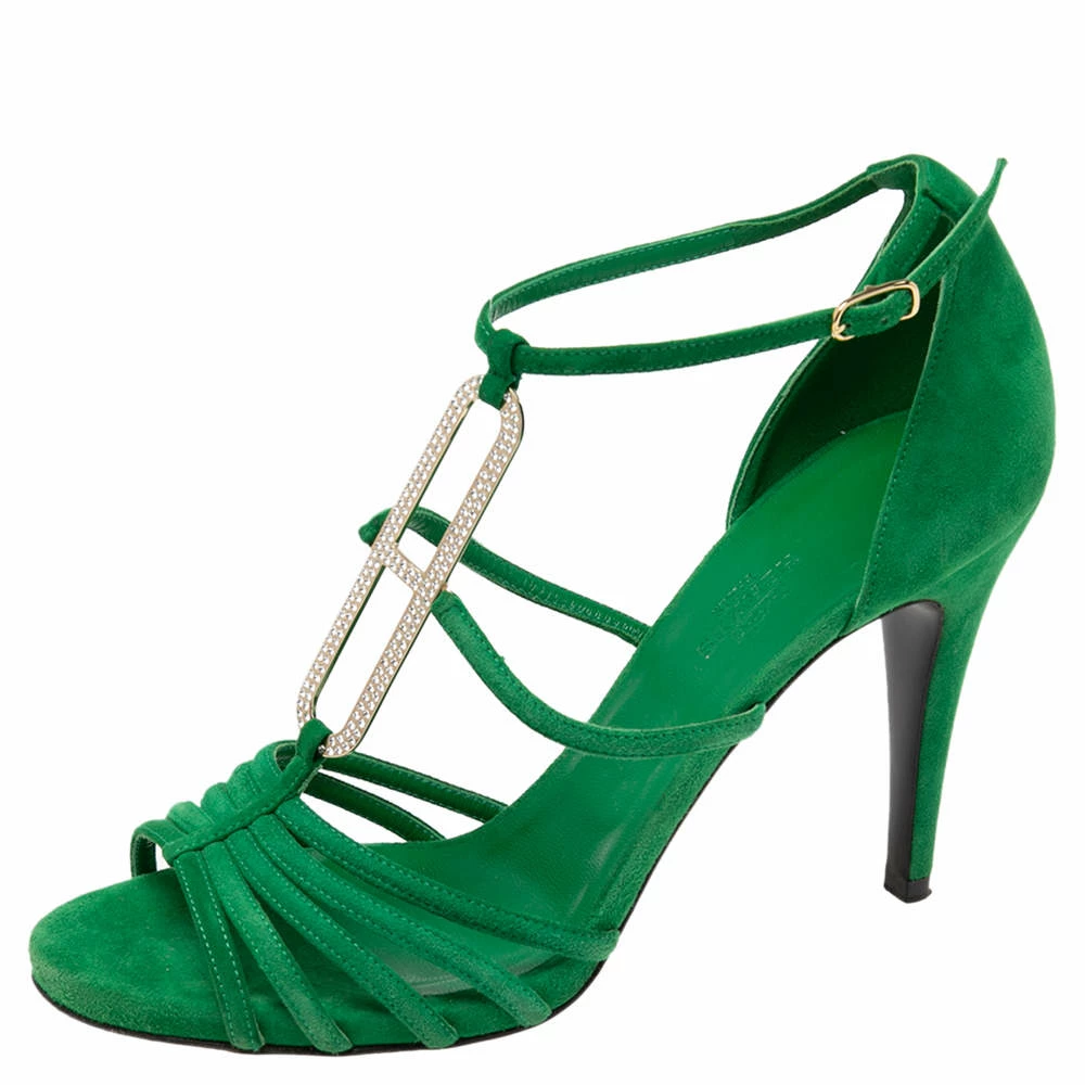 Hermes Hermès Green Suede Crystals Embellished T-Strap Open-Toe Sandals Size 38.5 For Women 3 Hermes Hermès Green Suede Crystals Embellished T-Strap Open-Toe Sandals Size 38.5 For Women