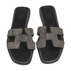Hermes Black Glitter Oran Sandals Size 40 For Women -Deals Hermes Store luxury women hermes used shoes p580847 011