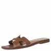 Hermes Brown Leather Oran Flat Slides Size 37 For Women