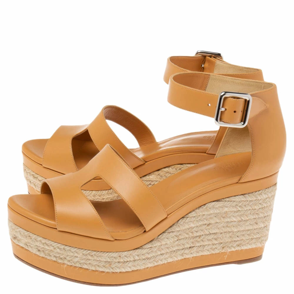 Hermes Hermés Light Orange Leather Ilana Espadrille Wedge Sandals Size 40 For Women 6 Hermes Hermés Light Orange Leather Ilana Espadrille Wedge Sandals Size 40 For Women - Image 4