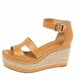 Hermes Hermés Light Orange Leather Ilana Espadrille Wedge Sandals Size 40 For Women
