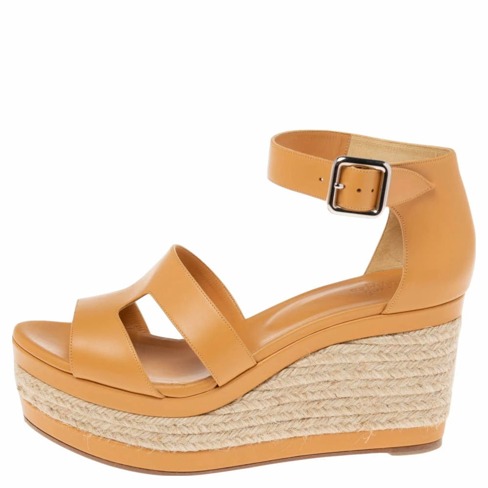 Hermes Hermés Light Orange Leather Ilana Espadrille Wedge Sandals Size 40 For Women 4 Hermes Hermés Light Orange Leather Ilana Espadrille Wedge Sandals Size 40 For Women - Image 2