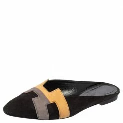 Hermes Black/Beige Suede Roxane Mules Size 37.5 For Women