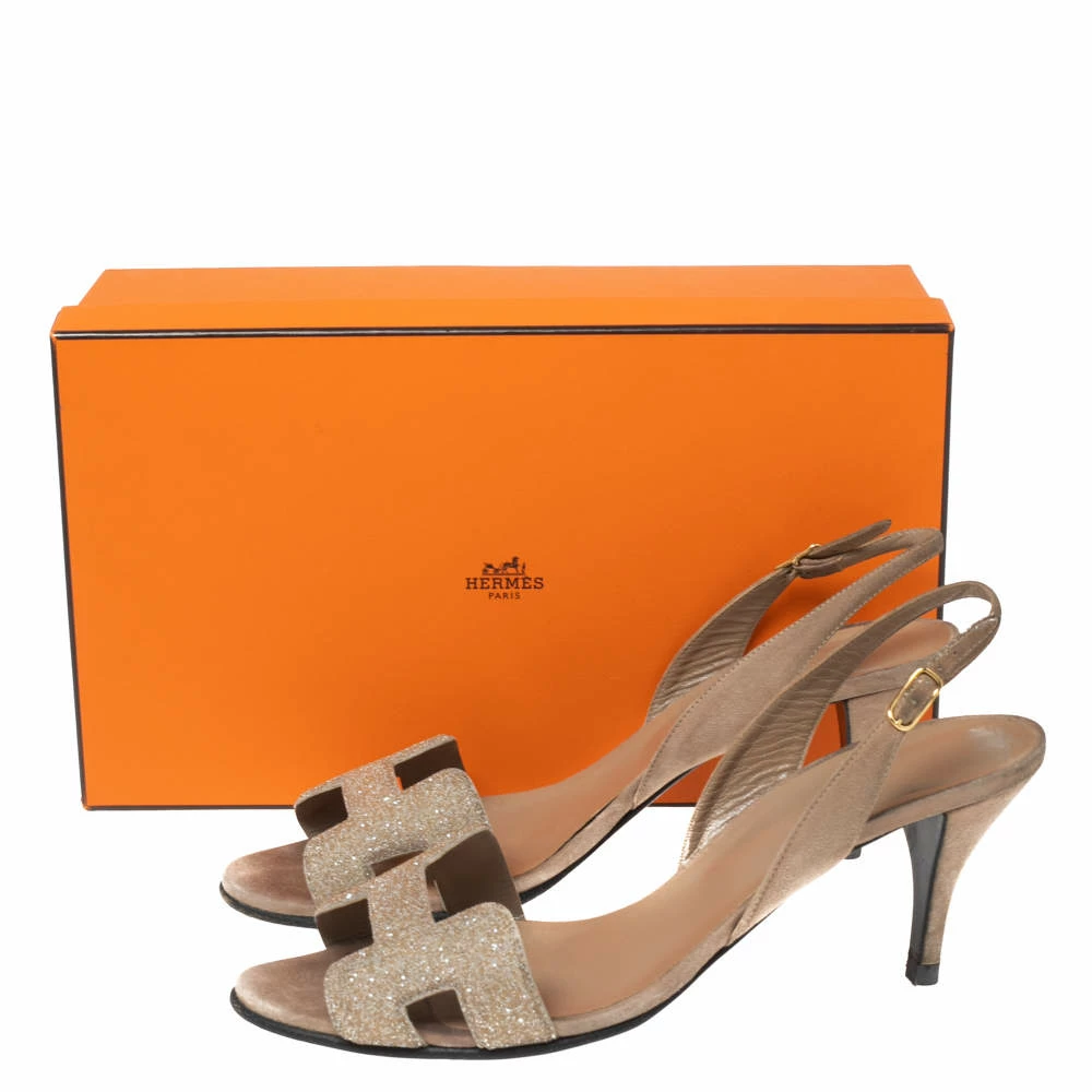Hermes Rose Beige Suede Night Crystal Powder Slingback Sandals Size 38 For Women 10 Hermes Rose Beige Suede Night Crystal Powder Slingback Sandals Size 38 For Women - Image 8
