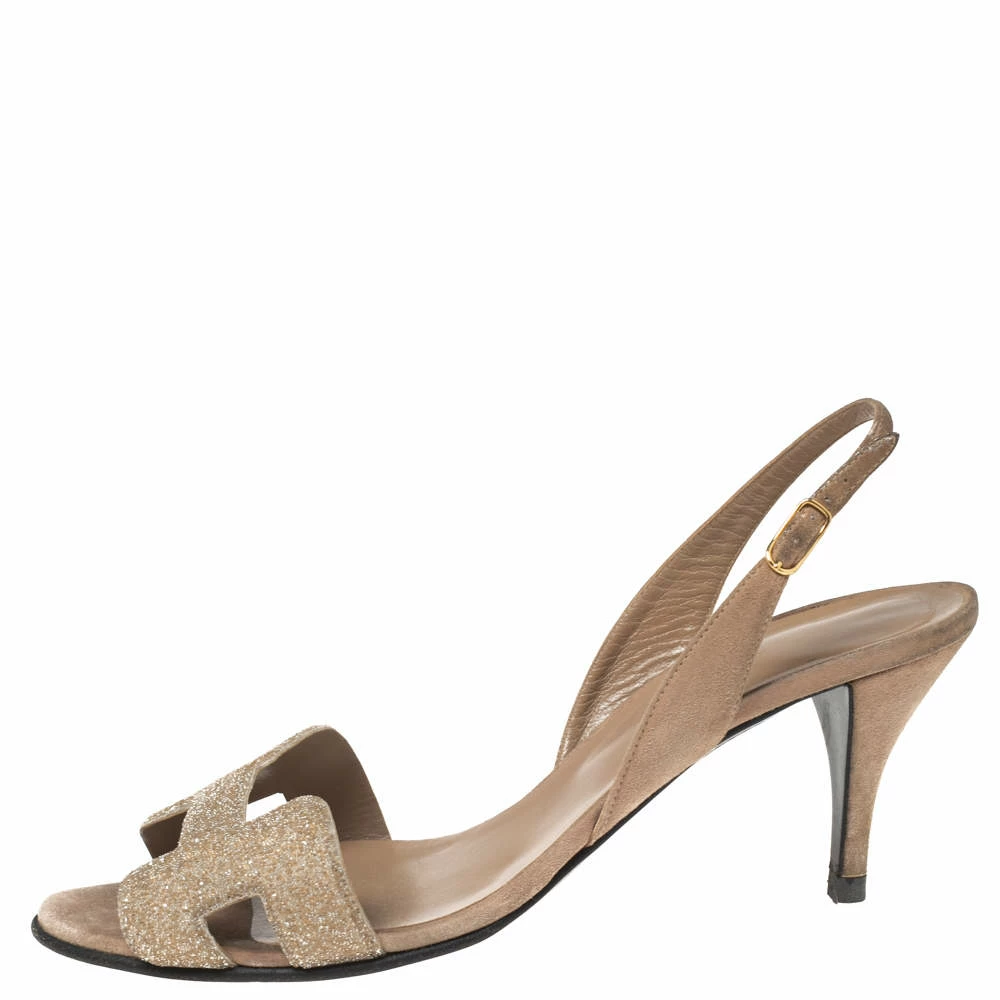 Hermes Rose Beige Suede Night Crystal Powder Slingback Sandals Size 38 For Women 4 Hermes Rose Beige Suede Night Crystal Powder Slingback Sandals Size 38 For Women - Image 2