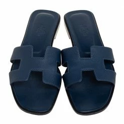 Hermes Navy Blue Leather Oran Flat Slides Size 37.5 For Women -Deals Hermes Store luxury women hermes used shoes p586579 002